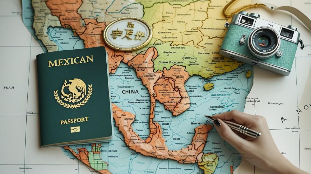pasaporte mexicanod y mapa china con una camara