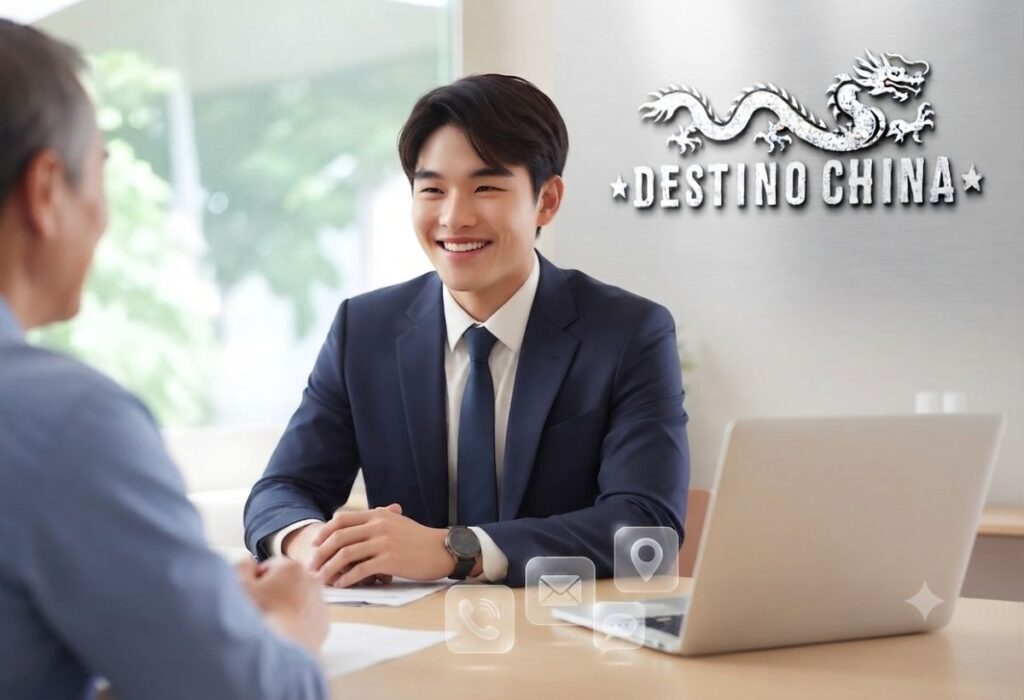 Foto de un asesor llando a la accion de contacto con iconos traslucidos de contacto y con logo Destino China